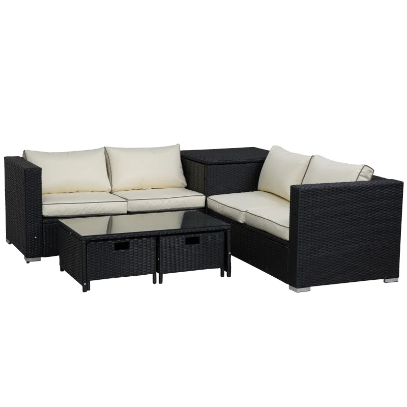 4 Seater Black Wicker Sofas With Cream Cushions, Glass Top Table and Storage Unit