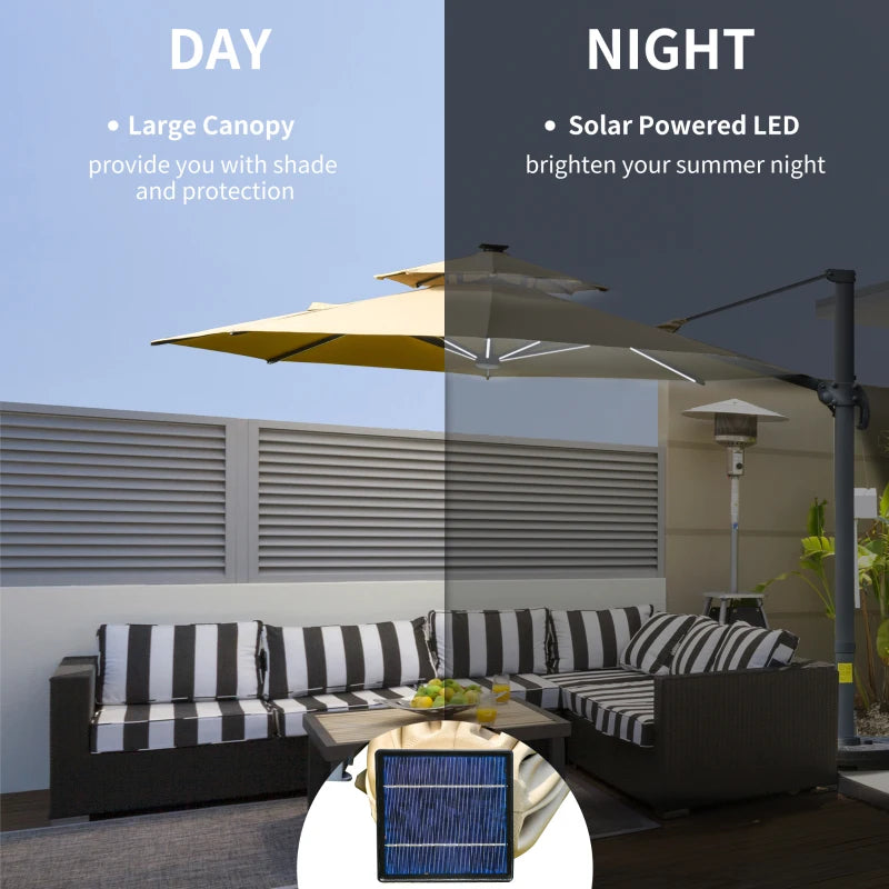 2.8H x 3.3m Khaki Cantilever Parasol With Solar Lights - 360° Rotation