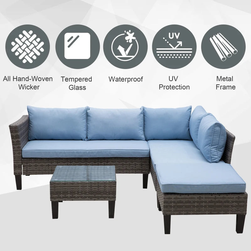 Blue 4 Seater Rattan Furniture Set With Tempered Glass Table