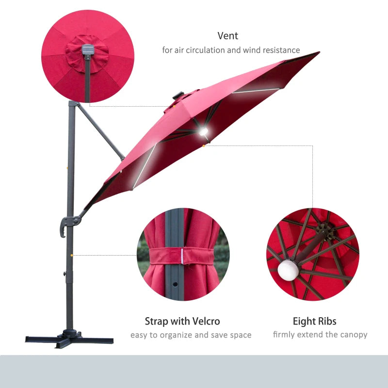 2.55H x 2.92m Red LED Adjustable Cantilever Parasol