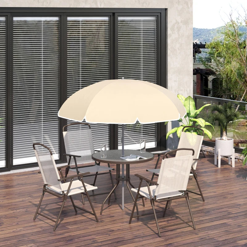 Cream 6 Piece Dining Set With Foldable Chairs & Parasol