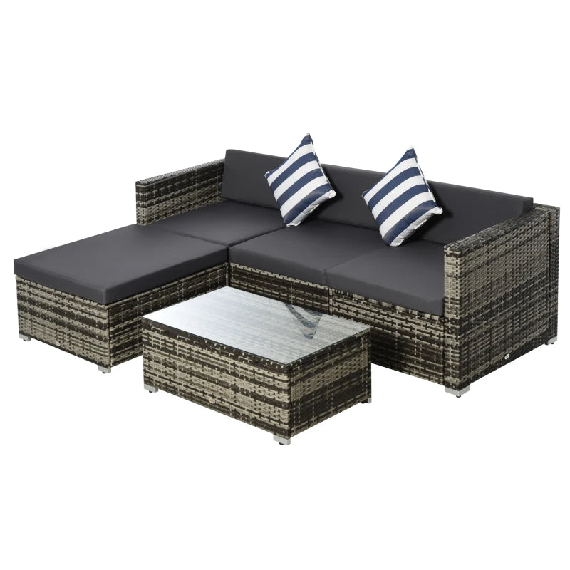 Mixed Brown L-Shaped 3 Seater Sofa With Dark Grey Cushions, Striped Pillows and Glass Top Coffee Table