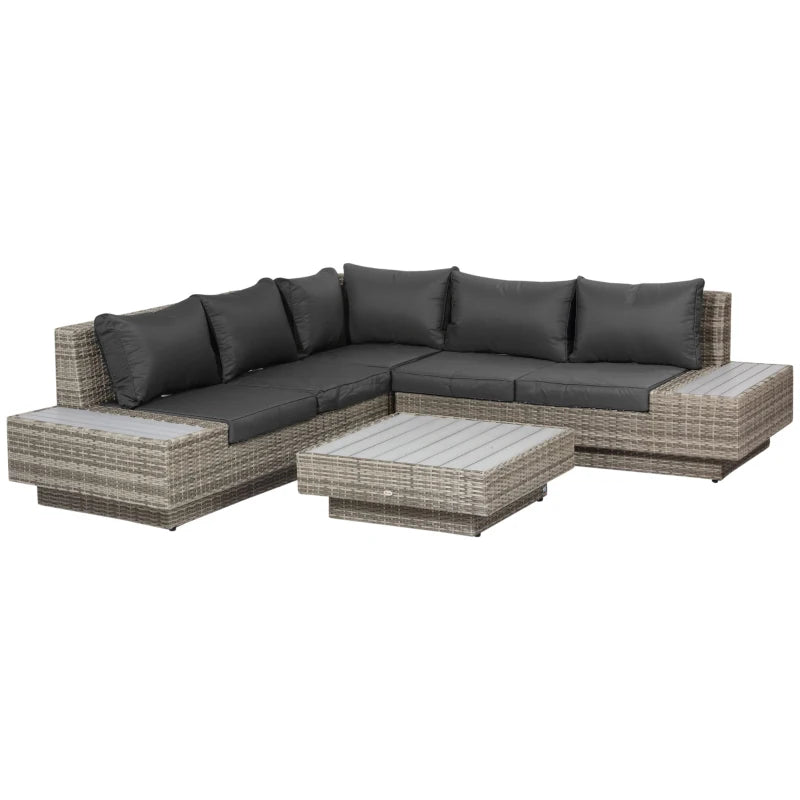 Mixed Grey 5 Seater Rattan Corner Sofa With Dark Cushions and Coffee Table