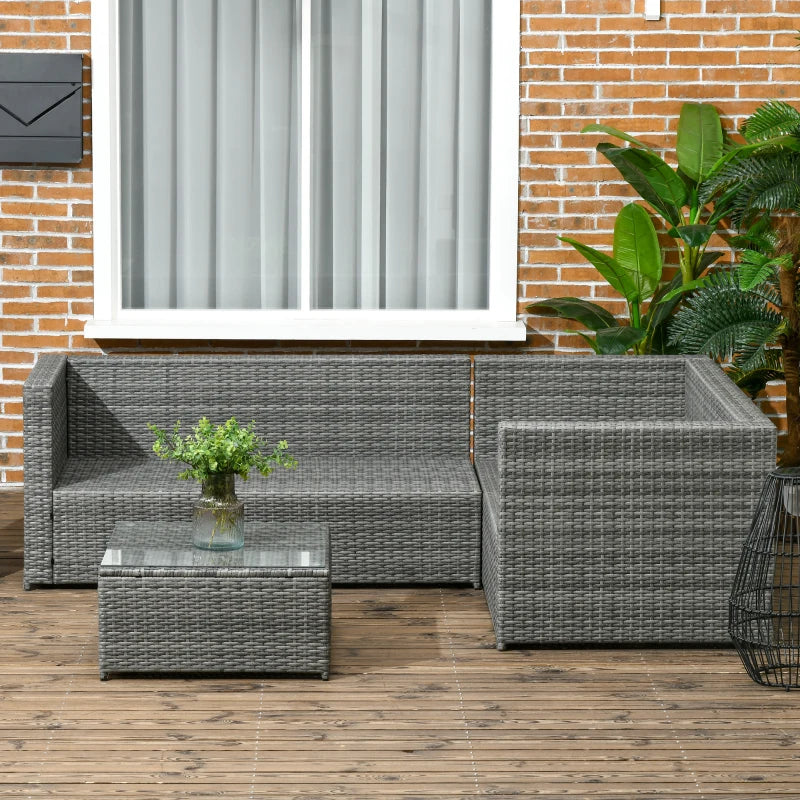 Grey 4 Seater Rattan Corner Sofa With Coffee Table and Thick Cushions