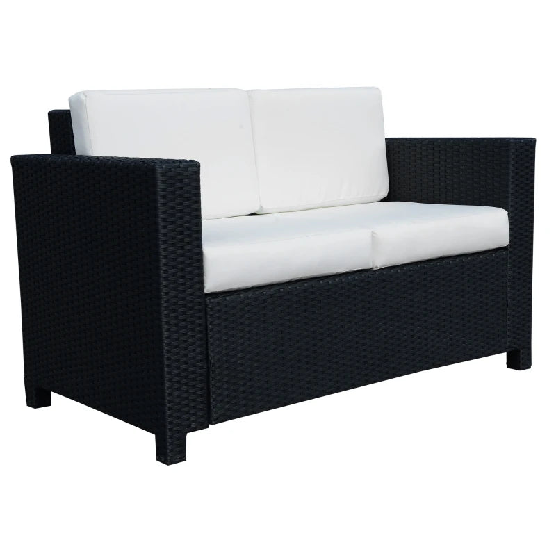 Black 2 Seater Rattan Sofa with Soft Padded White Cushions