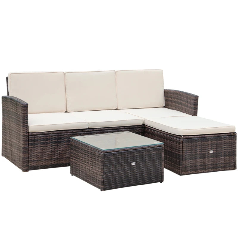 Brown L-Shaped 3 Seater Sofa With White Cushions and Glass Top Coffee Table