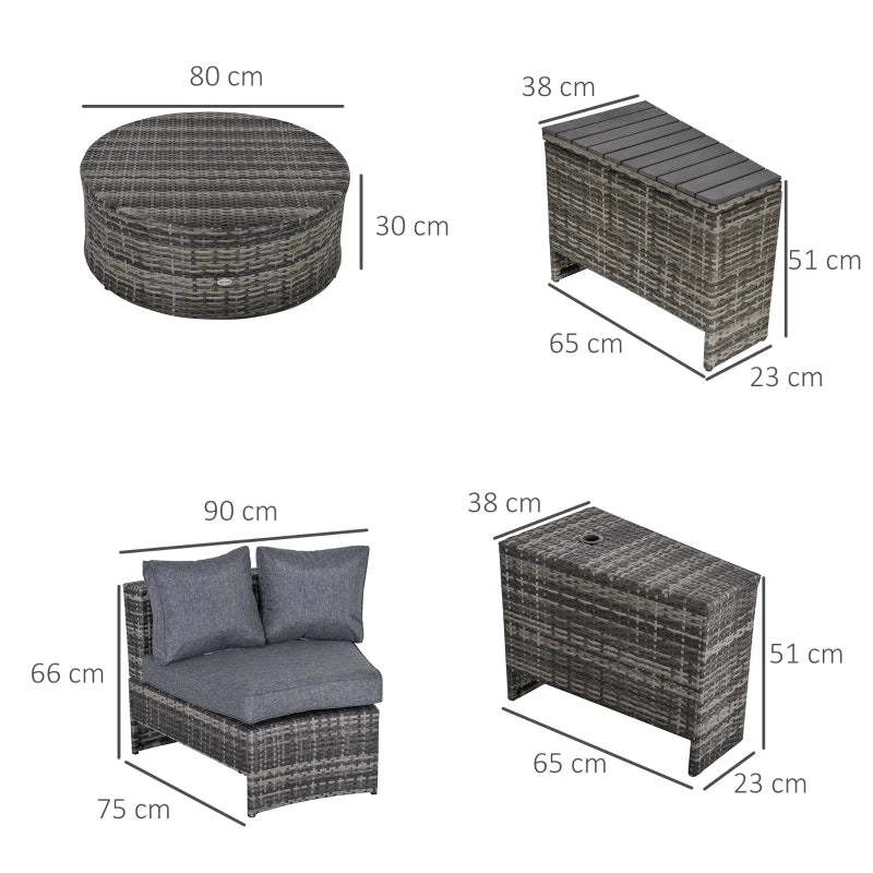 8 Piece Grey Half Round Rattan Sofa Set With 1 Umbrella Hole, Side Table and 2 Storage Tables