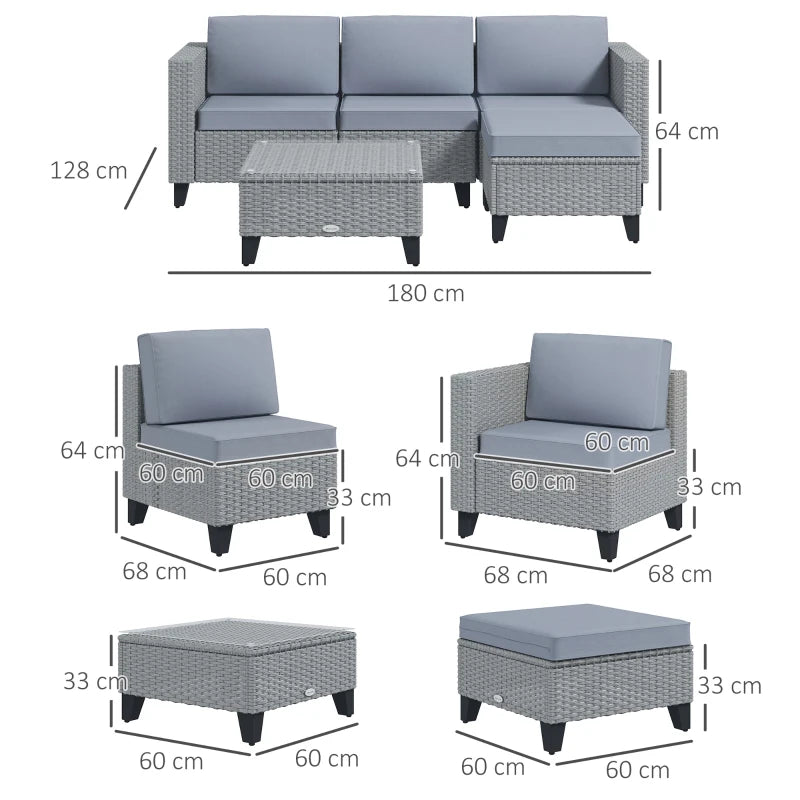 Grey 5-Piece Rattan Set with Corner Sofa, Footstools & Coffee Table