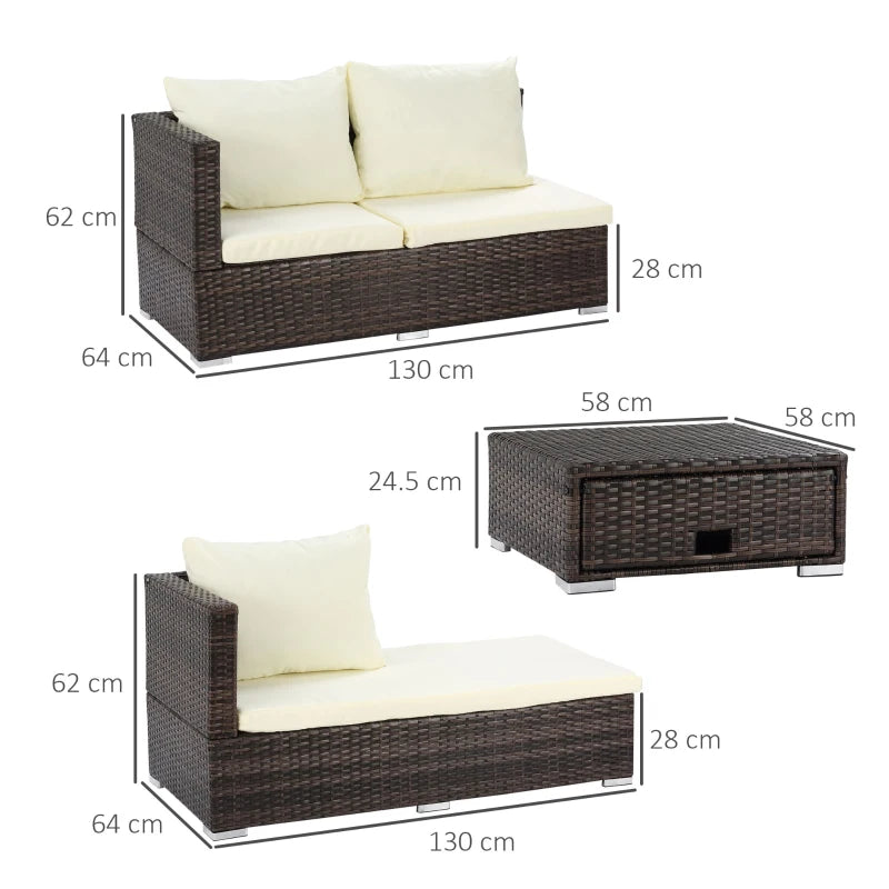 3 piece Rattan Furniture Set - 4 Seater Wicker Sofa With Cream Cushions and Footstall