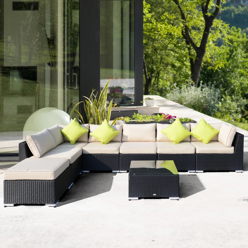 Black 8 Piece Rattan Corner Sofa Set with Cushions and Glass Top