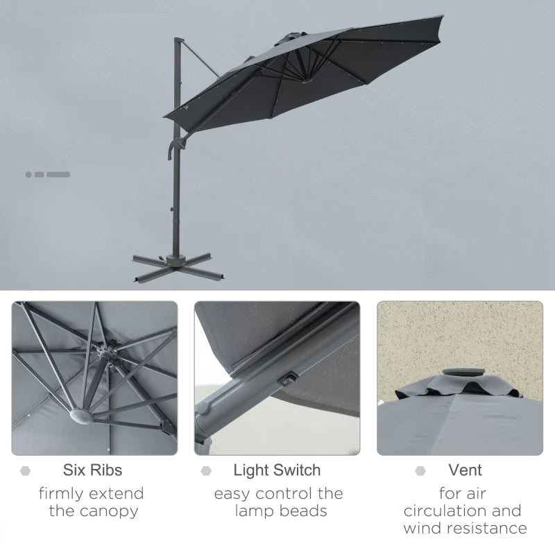 3m x 2.45m Dark Grey Roma Parasol With Crank & Tilt + LED Solar Lights