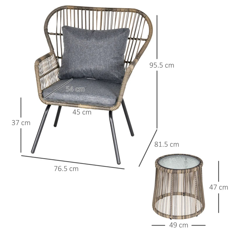 Grey 3 Rattan Dining Set - 2 with Chairs and Glass Coffee Table