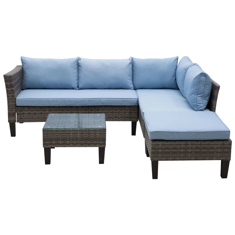 Blue 4 Seater Rattan Furniture Set With Tempered Glass Table