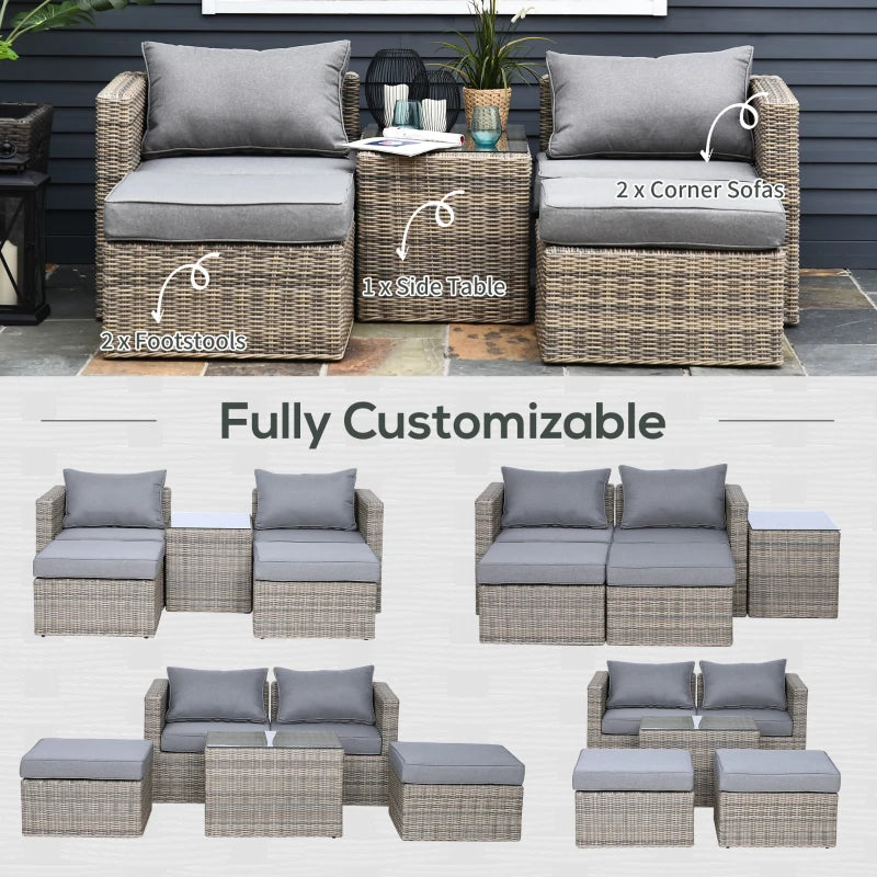 Mixed Brown 5 Piece Rattan Balcony Sofa Set with Corner Armchairs, Ottomans, and Glass Top Table
