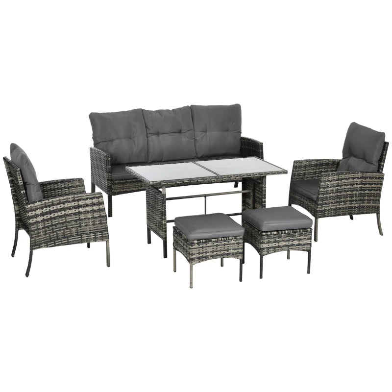 Grey Rattan Furniture Set - 2 Armchairs, 3-seater Wicker Sofa, 2 Footstools and Glass Table