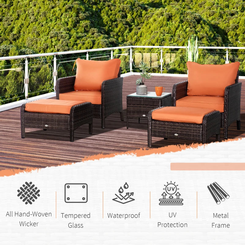 Brown 5 Piece Rattan Set With 2 Armchairs, 2 Stool and Glass Top Table - Orange Cushions