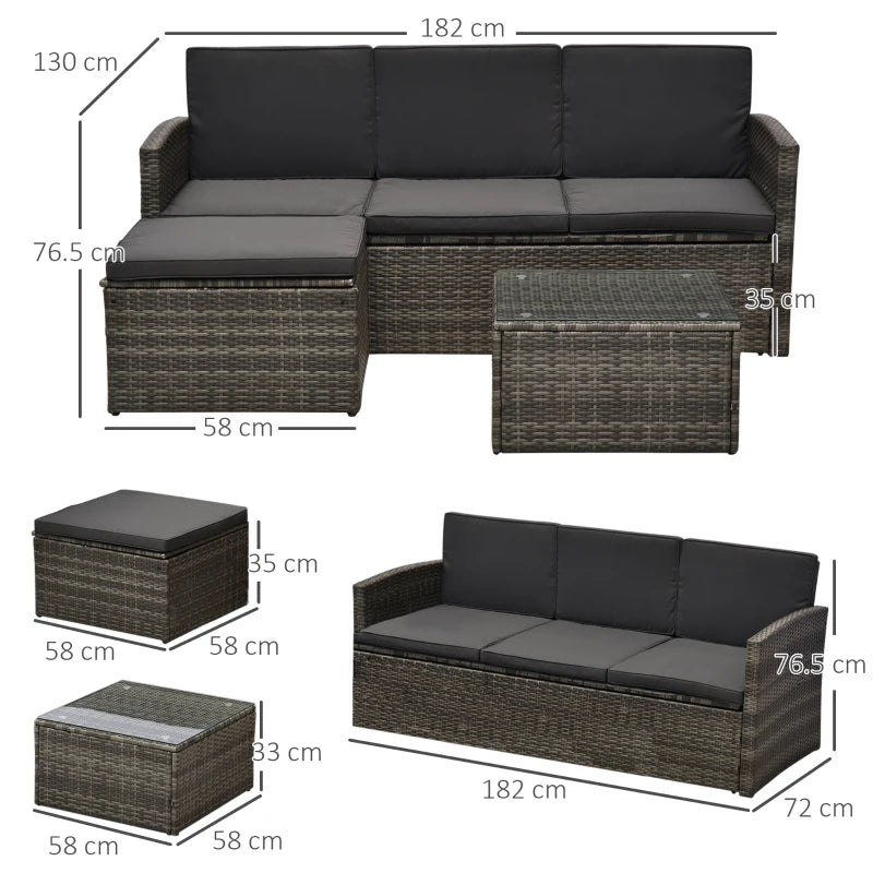 Dark Grey L-Shaped 3 Seater Sofa With Black Cushions and Glass Top Coffee Table