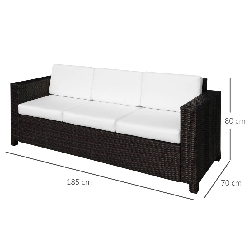 Dark Brown 3 Seater Rattan Sofa With White Cushions