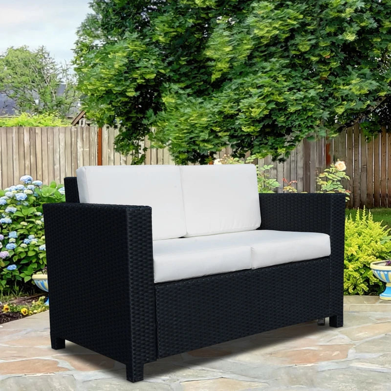 Black 2 Seater Rattan Sofa with Soft Padded White Cushions