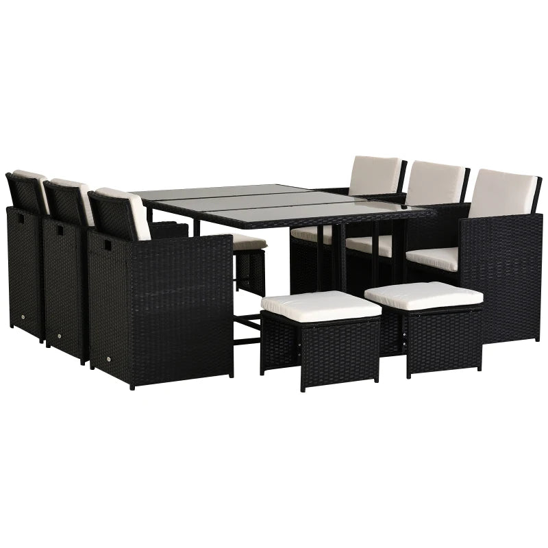 Black 11 Piece Rattan Dining Set With White Cushions
