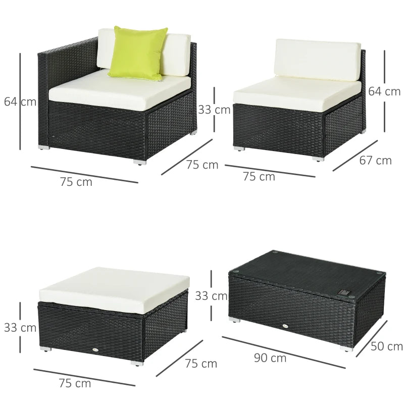 Black 4-Seater Rattan Sofa Set With Coffee Table and Cushion Pillows