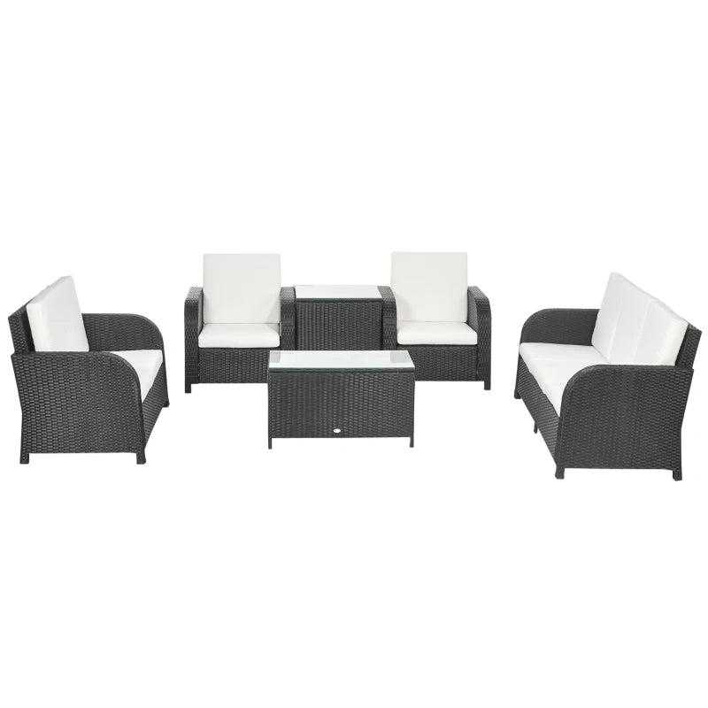 Black 7 Seater Rattan Furniture Set with Wicker Sofa, Reclining Armchair and Glass Table