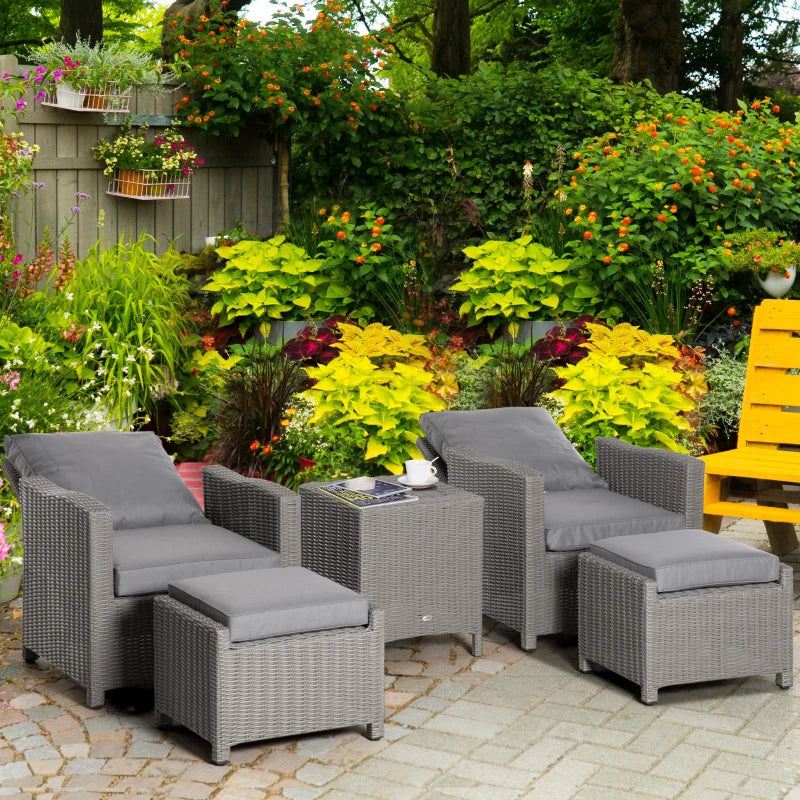 Grey Adjustable Rattan Chairs With x2 Footstools and Cooler Bar