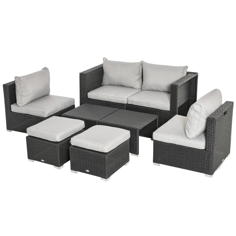 Black Rattan 6 Seater Sofa, 2 Footstools and 2 Coffee Tables