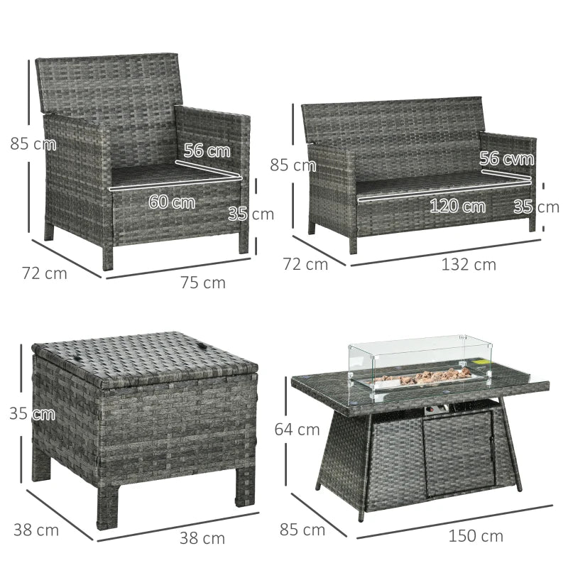 Grey 6 Seater Rattan Furniture Set With Fire Pit Table