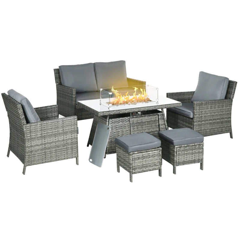 Grey 6 Seater Rattan Furniture Set With Fire Pit Table