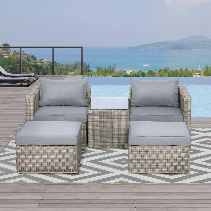 Mixed Brown 5 Piece Rattan Balcony Sofa Set with Corner Armchairs, Ottomans, and Glass Top Table