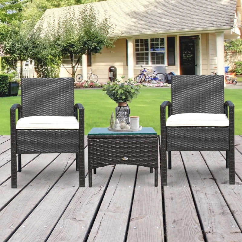 Brown  2 Seater Rattan Bistro Set With Glass Top Table