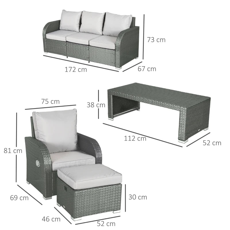 Light Grey 7 Seater Rattan Sofa, Coffee Table & Footstool