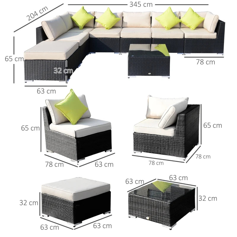 Black 8 Piece Rattan Corner Sofa Set with Cushions and Glass Top Table