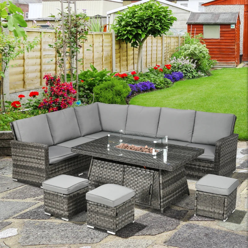 6 Seater Rattan Sofa With Fire Table - Grey