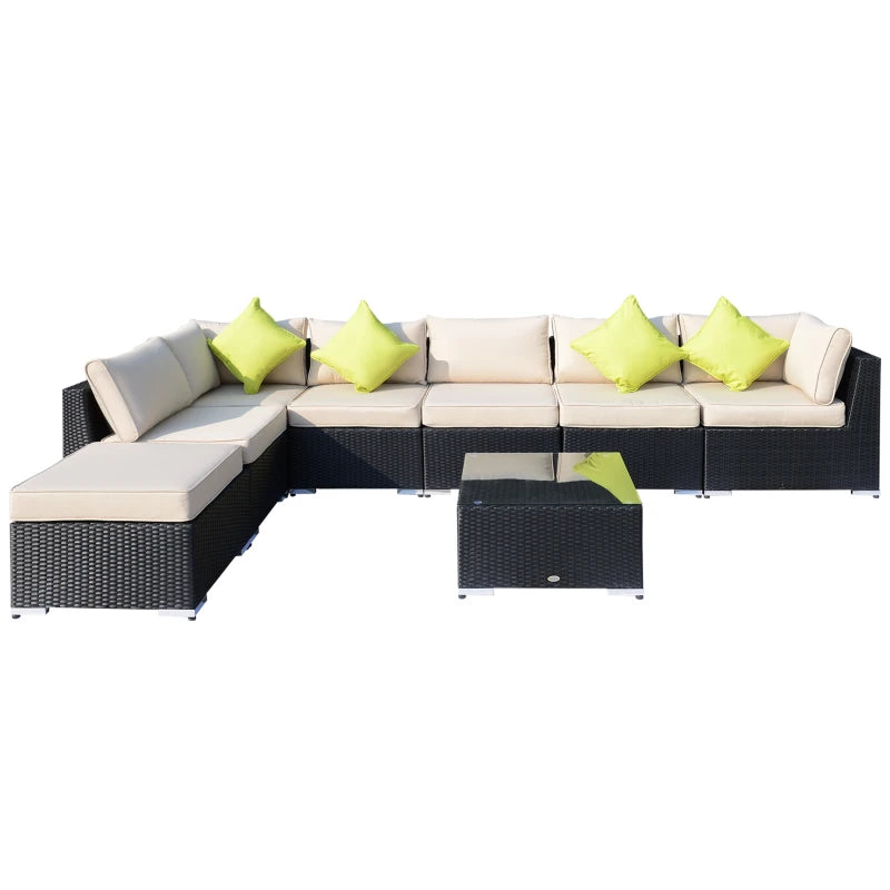 Black 8 Piece Rattan Corner Sofa Set with Cushions and Glass Top Table