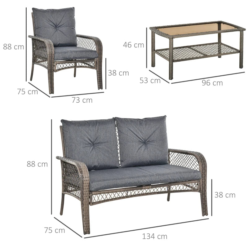 4 Piece Patio PE Rattan Wicker Sofa Set With Two Tier Coffee Table & Cushions