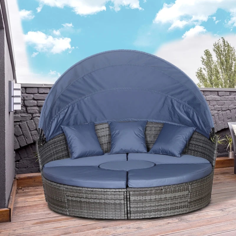 Grey Rattan Round Sofa Bed with Cushions and Retractable Canopy