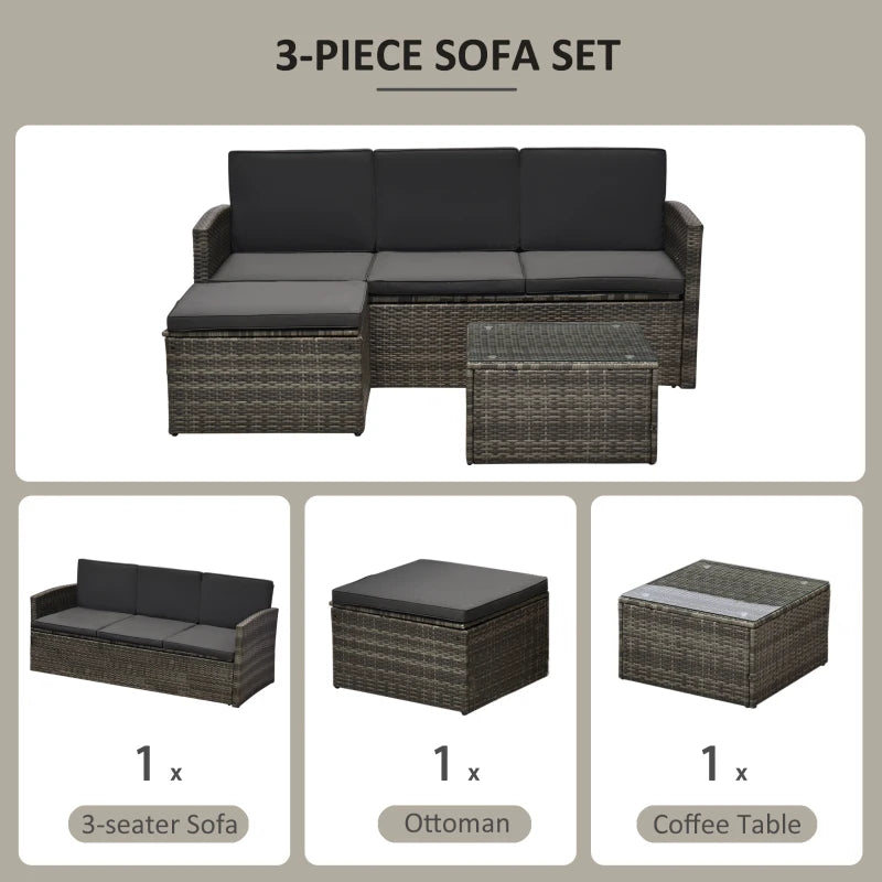 Dark Grey L-Shaped 3 Seater Sofa With Black Cushions and Glass Top Coffee Table