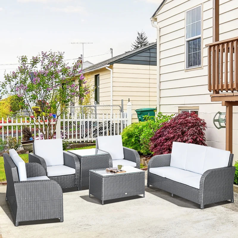 Grey 7 Seater Rattan Furniture Set with Wicker Sofa, Reclining Armchair and Glass Table