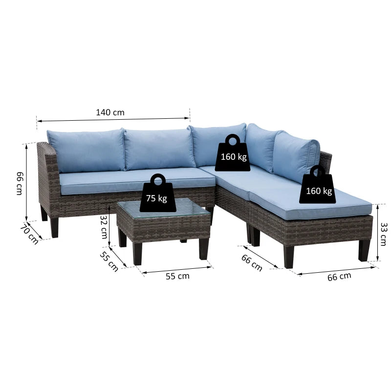 Blue 4 Seater Rattan Furniture Set With Tempered Glass Table