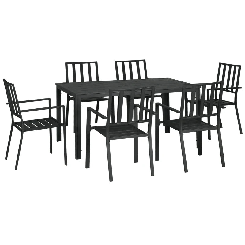 Black 7 Piece Metal Garden Dining Set With Table & 6 Stackable Chairs