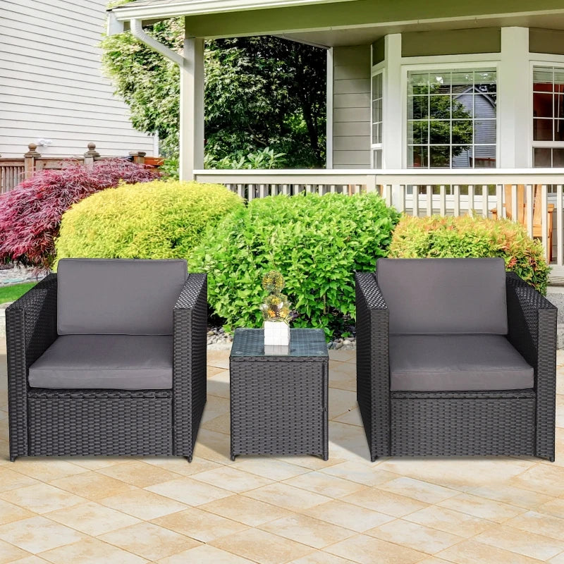 Black 3 Piece Rattan Bistro Set with 10cm Cushions