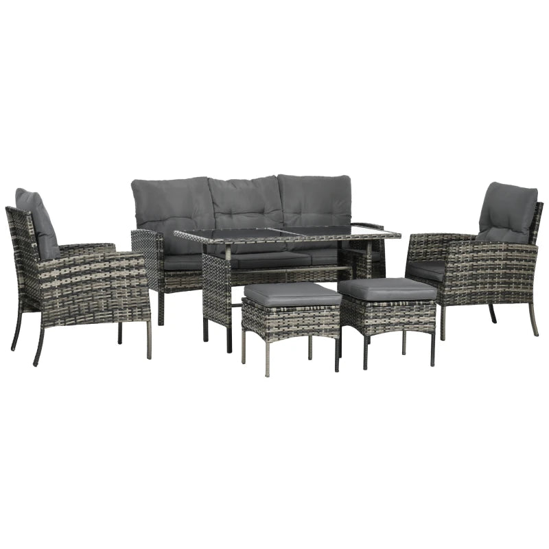 Grey Rattan Furniture Set - 2 Armchairs, 3-seater Wicker Sofa, 2 Footstools and Glass Table