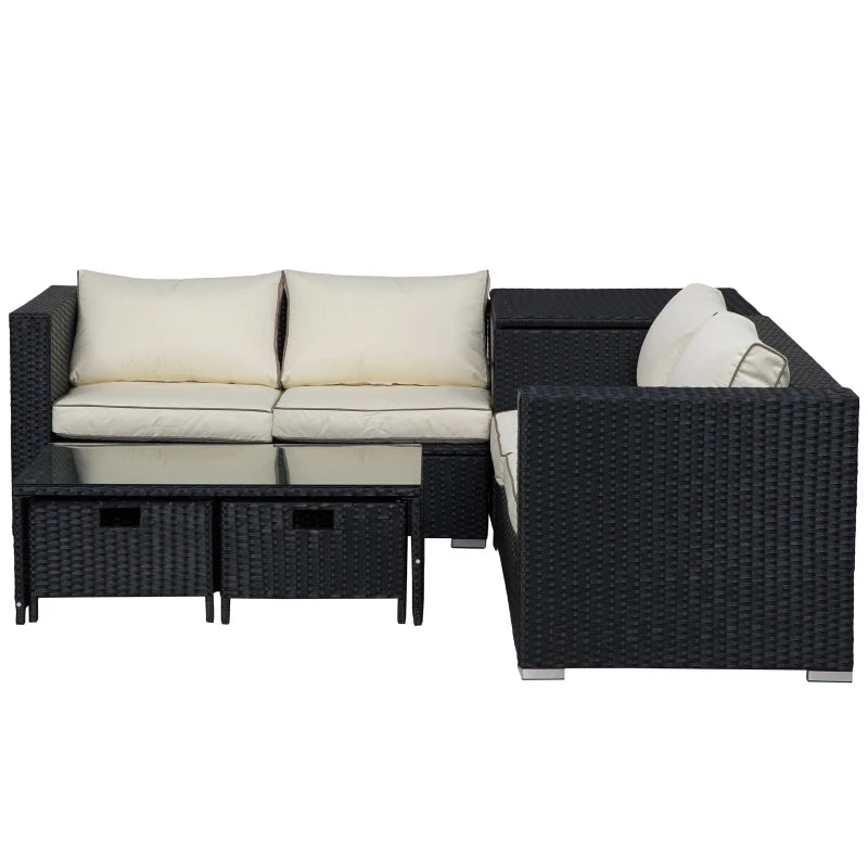 4 Seater Black Wicker Sofas With Cream Cushions, Glass Top Table and Storage Unit