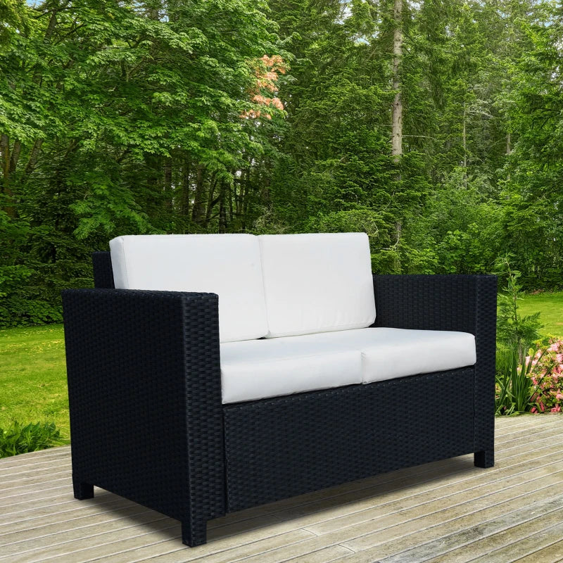 Black 2 Seater Rattan Sofa with Soft Padded White Cushions