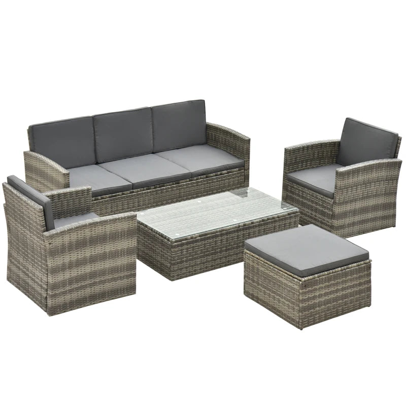 Rattan Garden Furniture Set With 3-Seater Sofa, 2 Single Chairs Plus Foot Stool & Coffee Table