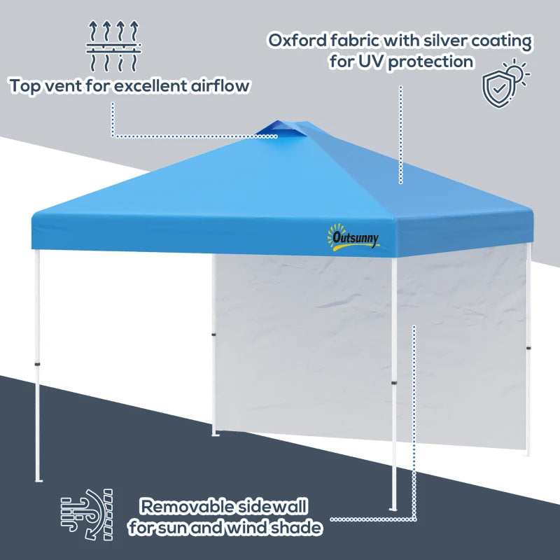 Blue 3m x 3m Pop Up Gazebo with 1 Side and Roller Bag - Height Adjustable