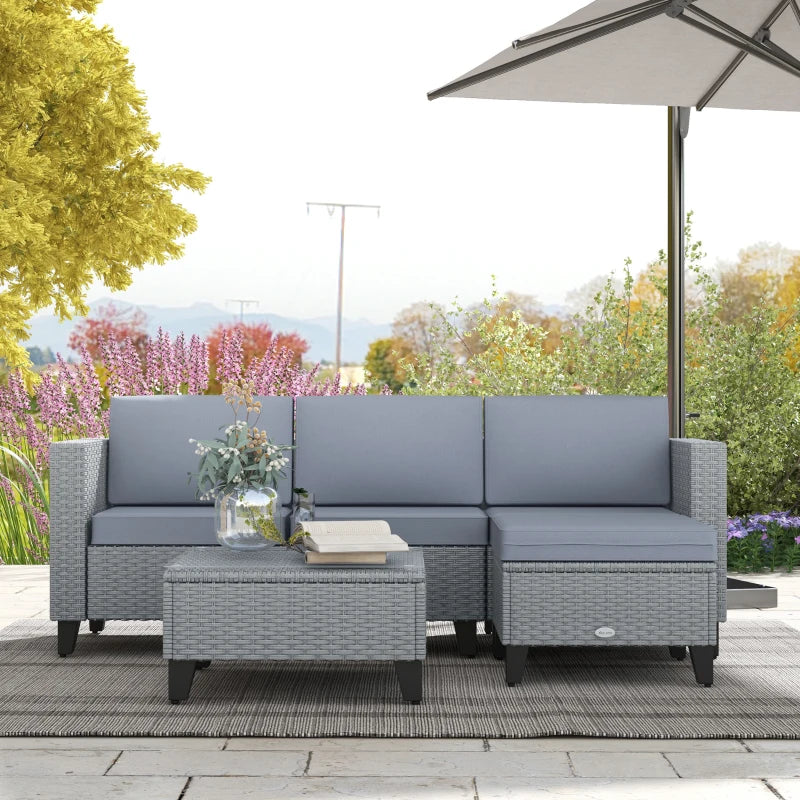 Grey 5-Piece Rattan Set with Corner Sofa, Footstools & Coffee Table