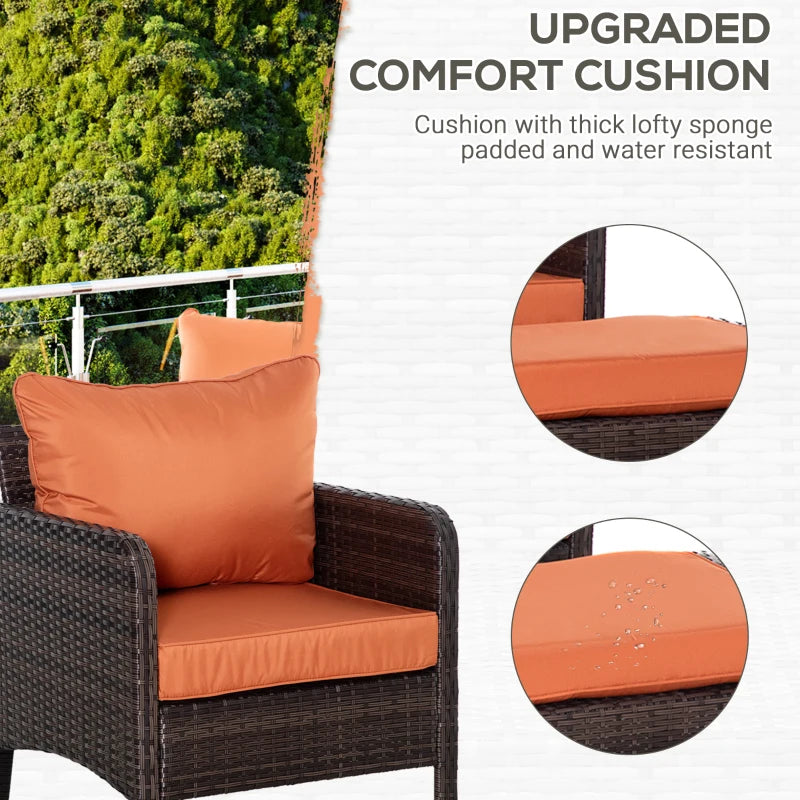 Brown 5 Piece Rattan Set With 2 Armchairs, 2 Stool and Glass Top Table - Orange Cushions